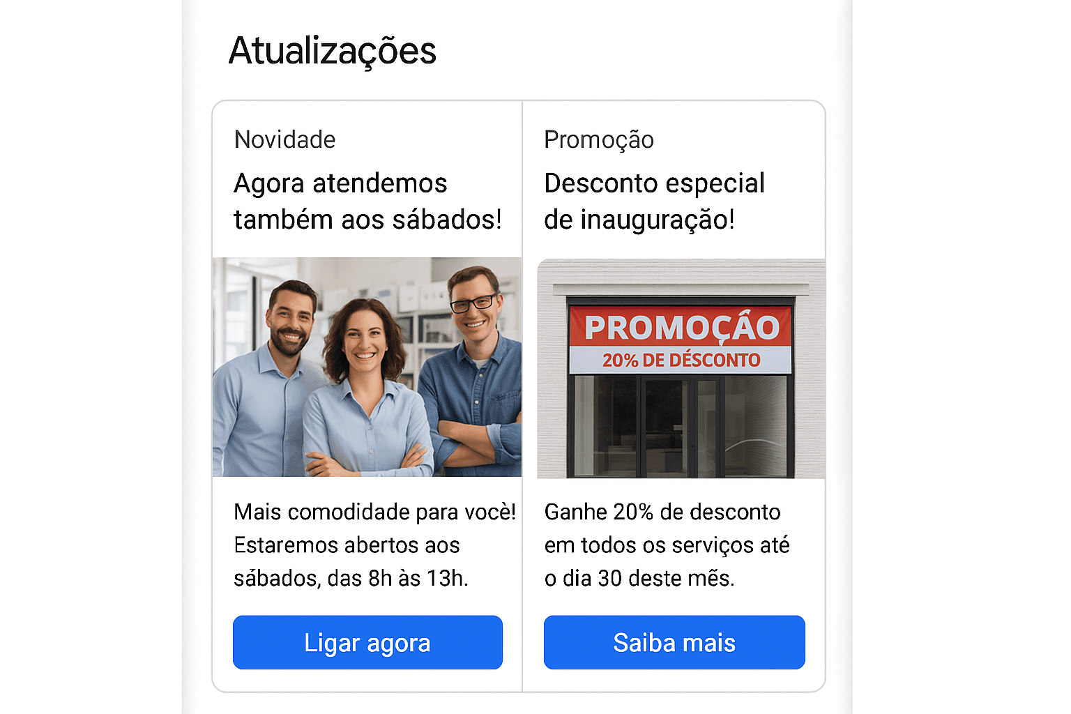 Por que minha empresa não aparece no Google? Veja os 5 erros fatais!(e como resolver) - Renoma Digital Sessão de atualizações no Google Perfil com postagens de oferta e novidade