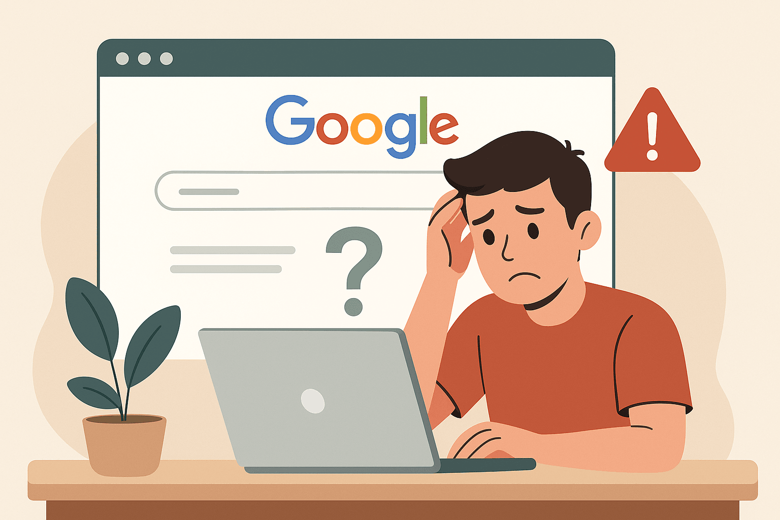 Por que minha empresa não aparece no Google? Veja os 5 erros fatais!(e como resolver) - Renoma Digital Ilustração de um homem confuso usando notebook, com erro ao tentar encontrar sua empresa no Google