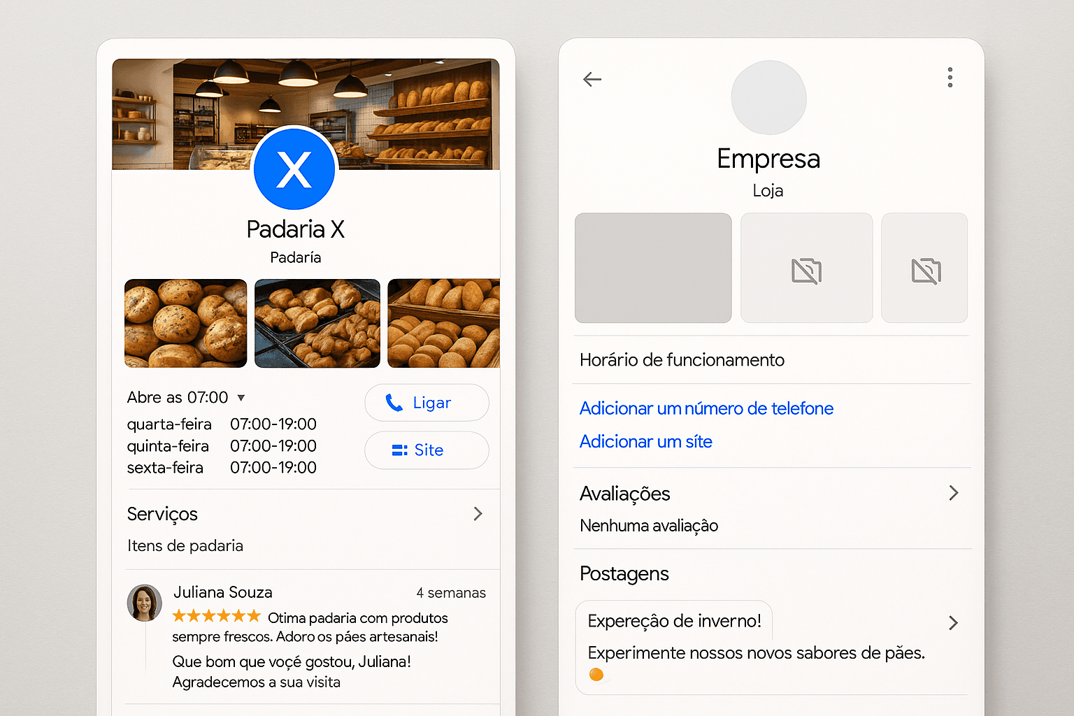 Por que minha empresa não aparece no Google? Veja os 5 erros fatais!(e como resolver) - Renoma Digital Dois perfis do Google exibidos em smartphones, um completo e outro incompleto