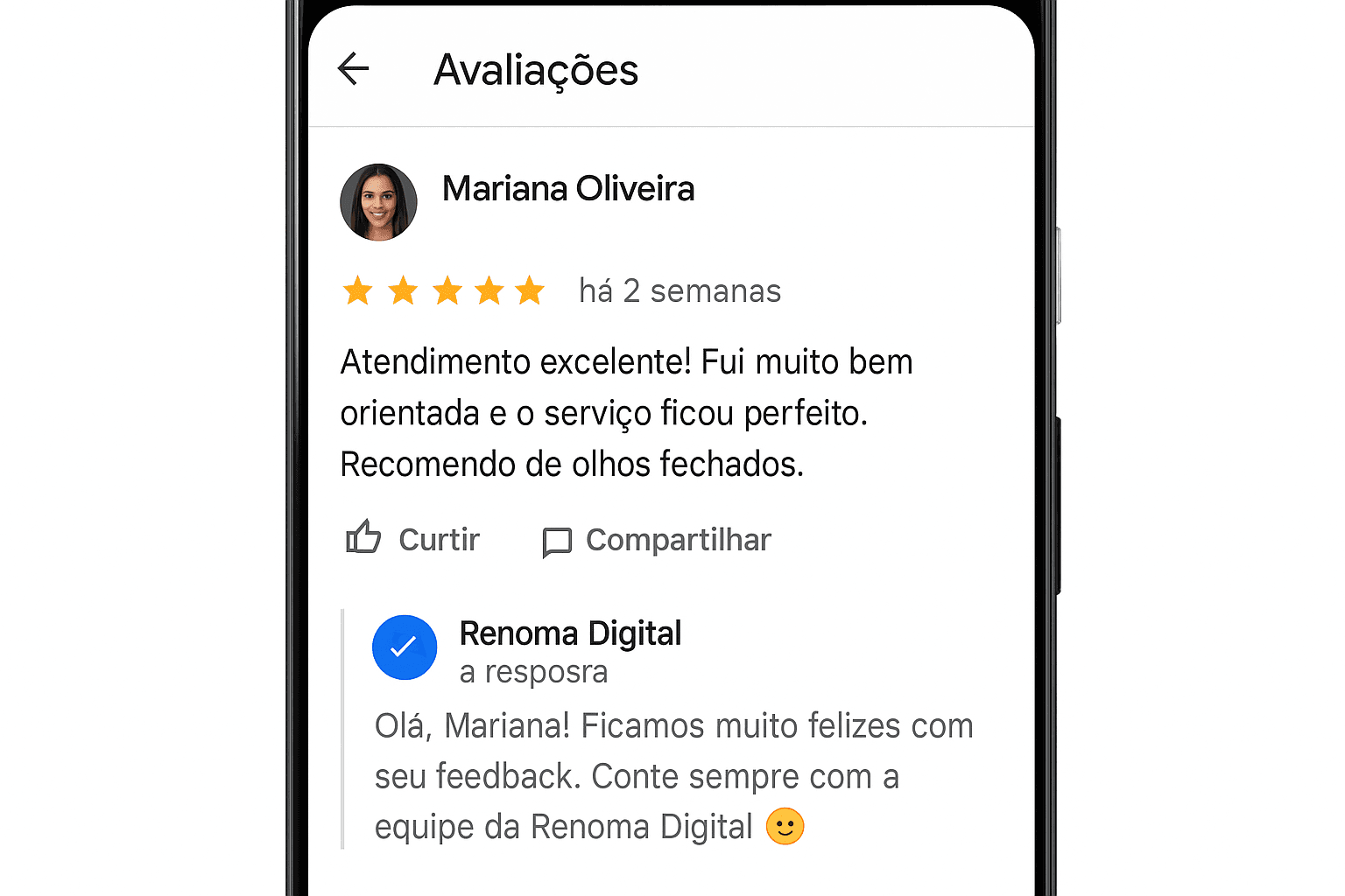 Por que minha empresa não aparece no Google? Veja os 5 erros fatais!(e como resolver) - Renoma Digital Avaliação de cliente com cinco estrelas e resposta da empresa no Google