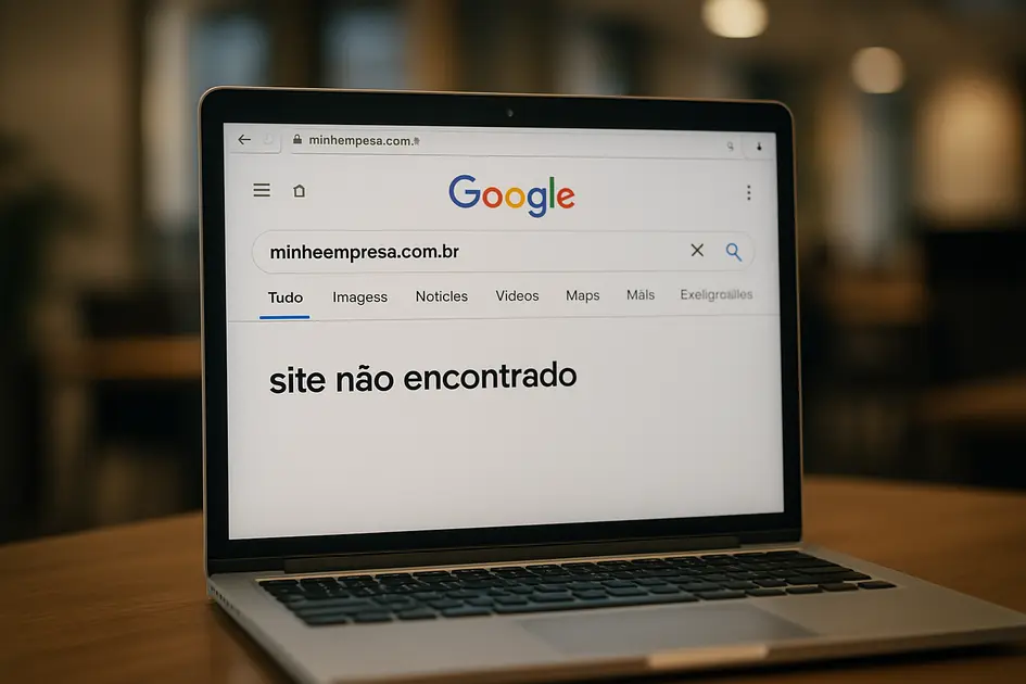 Por que sua empresa não aparece no Google? - Renoma Digital Tela de notebook exibindo busca no Google pelo domínio "minhaempresa.com.br", com a mensagem "site não encontrado" em destaque, representando uma empresa que não aparece no Google