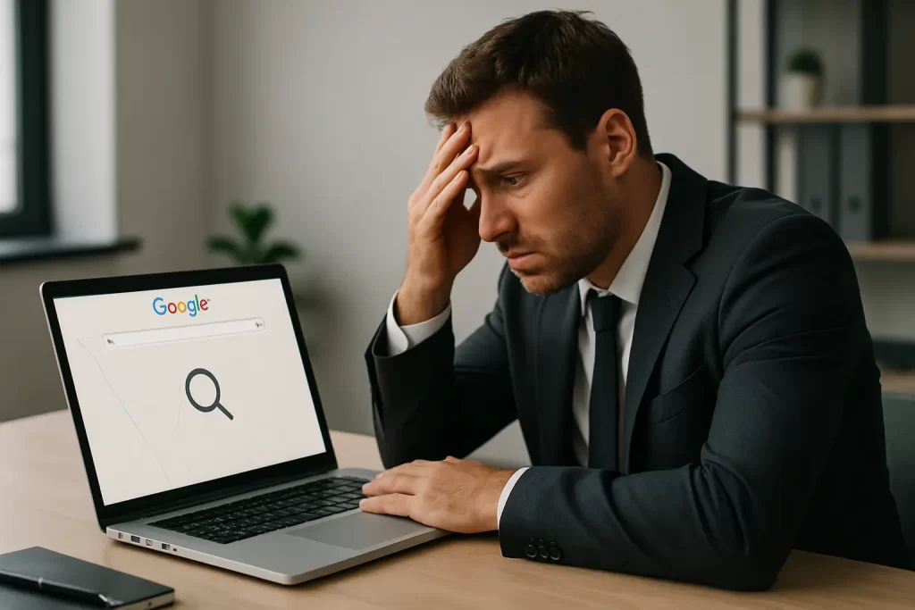 Por que sua empresa não aparece no Google? - Renoma Digital Empresa não aparece no Google: empresário frustrado ao buscar sua ficha no Google Meu Negócio