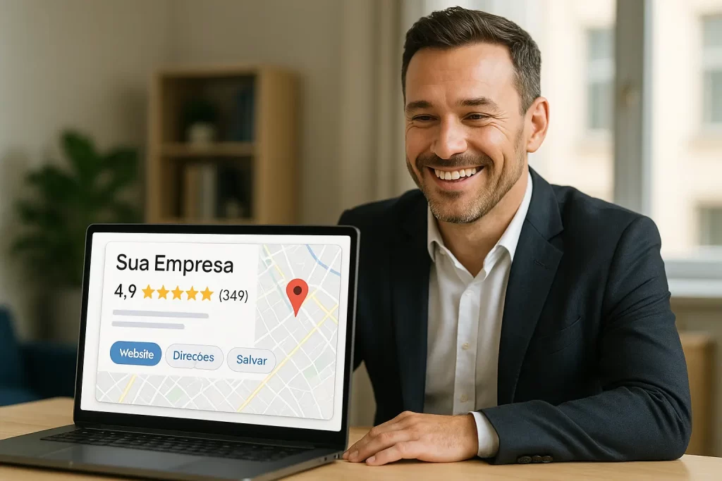 Por que sua empresa não aparece no Google? - Renoma Digital Empresário satisfeito vendo sua empresa aparecer no Google Maps com destaque
