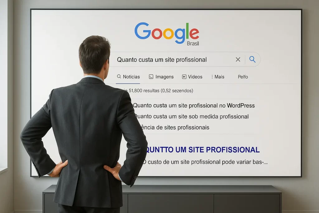 Quanto custa um site profissional em 2025? Guia completo para empreendedores - Renoma Digital Empreendedor de costas com as mãos na cintura, analisando tela gigante com pesquisa no Google “Quanto custa um site profissional” e sugestões de busca em português