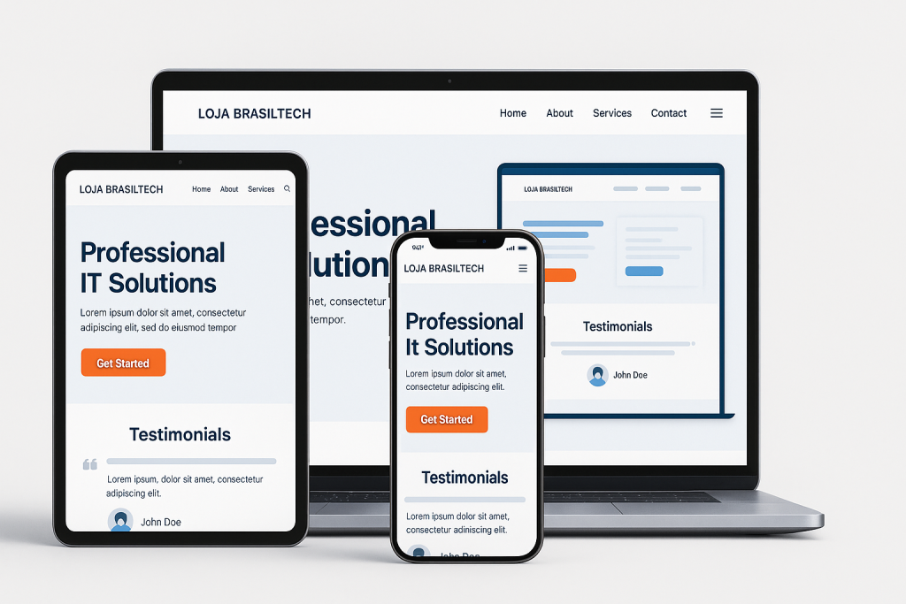 Site profissional para gerar vendas: checklist com 10 itens que não podem faltar em 2025 - Renoma Digital site profissional para gerar vendas responsivo exibido em notebook, tablet e celular com layout da Loja BrasilTech