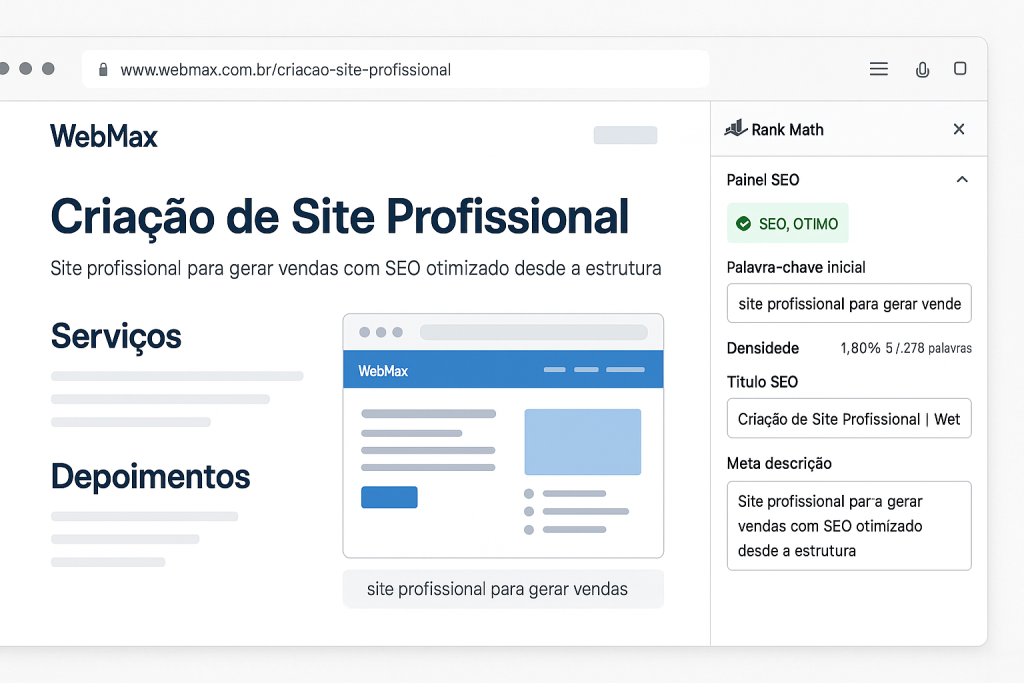 Site profissional para gerar vendas: checklist com 10 itens que não podem faltar em 2025 - Renoma Digital layout de site profissional para gerar vendas com foco em SEO na estrutura e conteúdo, incluindo títulos hierárquicos, URL amigável, meta description e painel do Rank Math