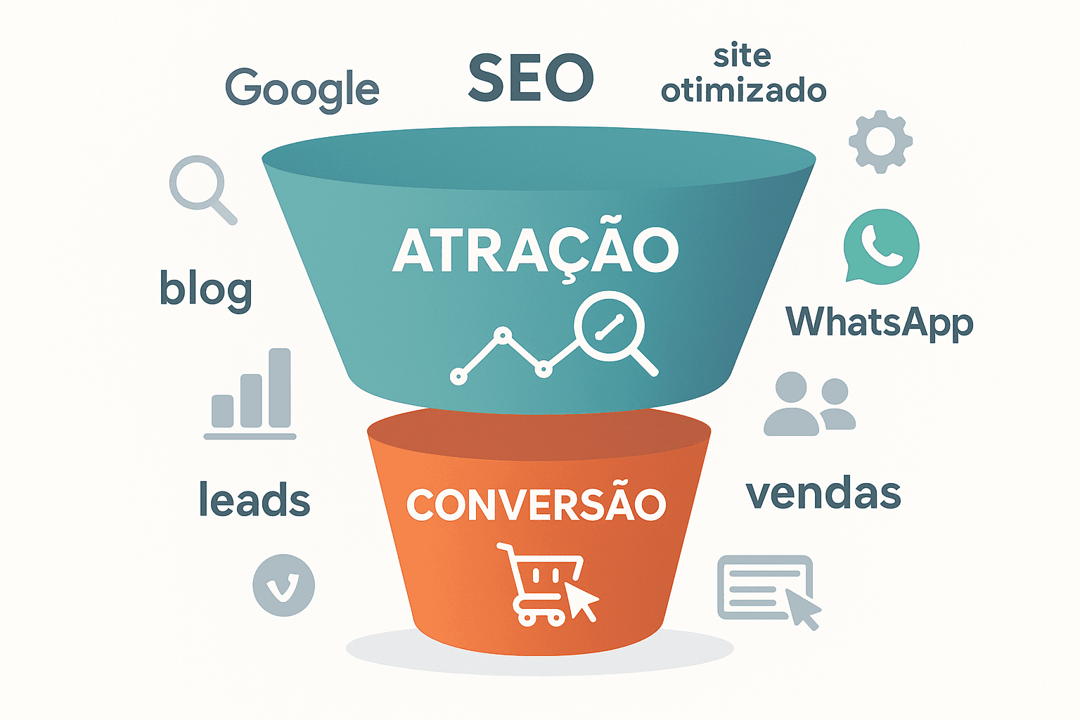 Criação de site profissional com SEO: o que sua empresa precisa saber antes de contratar - Renoma Digital Representação do funil de conteúdo com foco em atração, consideração e conversão.