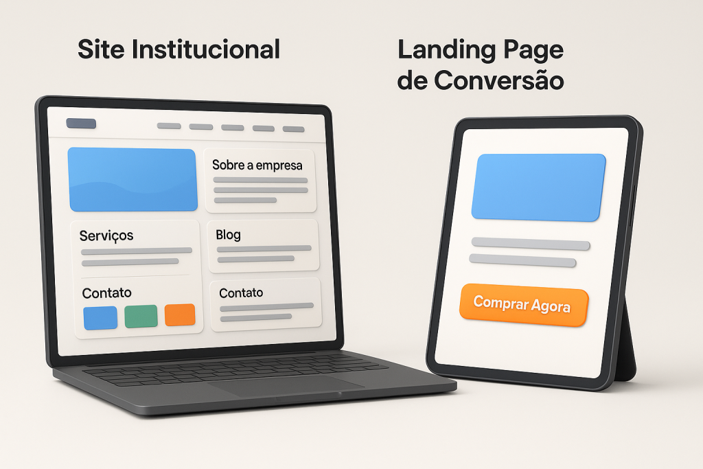 ite institucional ou landing page Ilustração em 3D mostrando lado a lado um site institucional com seções nomeadas e uma landing page com botão de chamada para ação