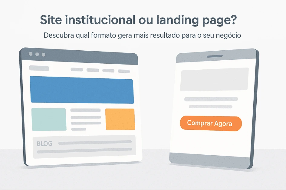 Site institucional ou landing page: qual traz mais resultado para o seu negócio? - Renoma Digital Comparação visual entre site institucional e landing page com botão “Comprar Agora”