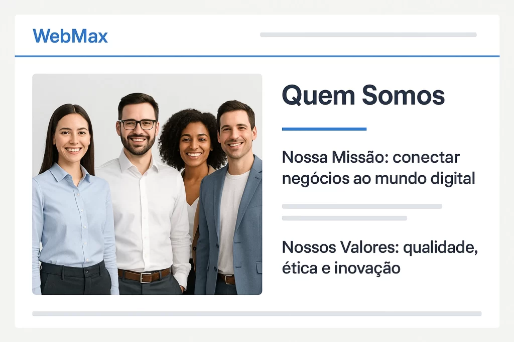 Site profissional para gerar vendas: checklist com 10 itens que não podem faltar em 2025 - Renoma Digital página sobre de site profissional para gerar vendas com foto da equipe e textos institucionais em português
