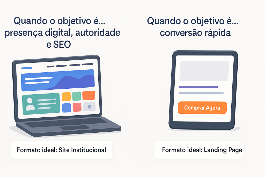 Site institucional ou landing page: qual traz mais resultado para o seu negócio? - Renoma Digital Ilustração comparativa entre um site institucional com várias seções e uma landing page simples com botão de compra