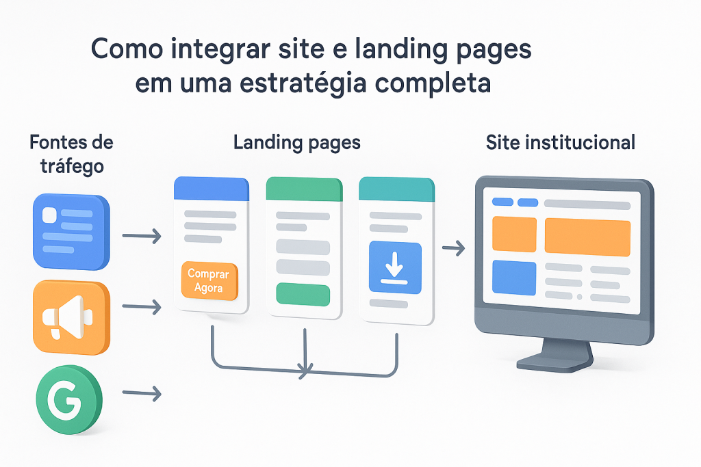 Site institucional ou landing page: qual traz mais resultado para o seu negócio? - Renoma Digital Fluxo visual de marketing digital com três fontes de tráfego (redes sociais, anúncios pagos e Google), conectadas a diferentes tipos de landing pages, que por sua vez direcionam para um site institucional completo.
