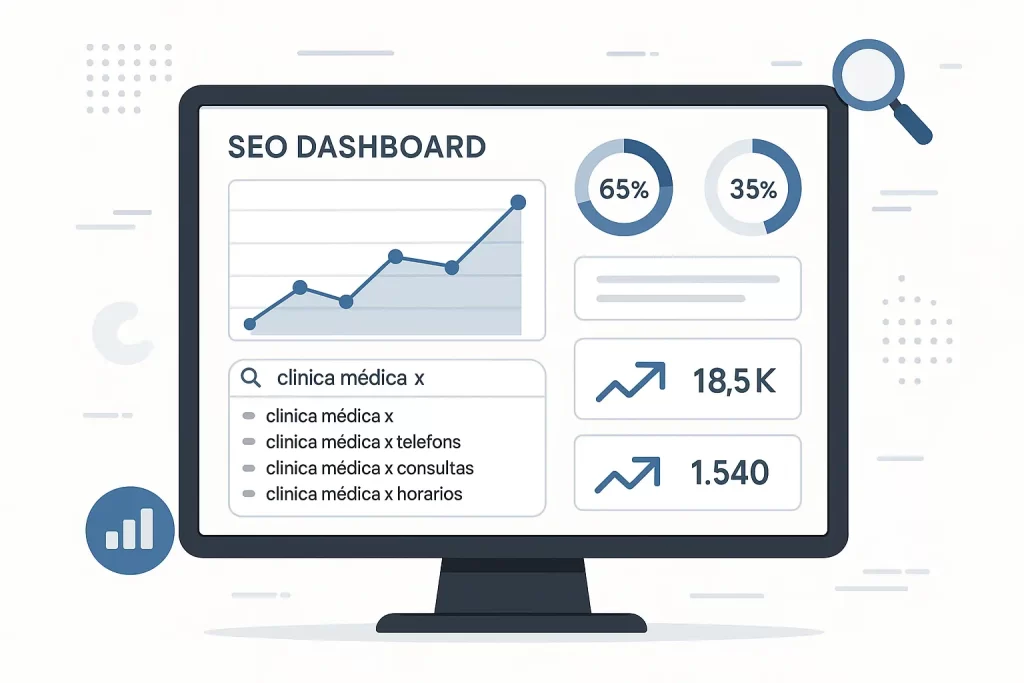 Site para Médicos: Como Criar uma Presença Online Ética e de Alto Impacto - Renoma Digital Ilustração realista de tela de computador com dashboard de SEO aberto, mostrando gráficos de desempenho, palavras-chave relacionadas à Clínica Médica X e indicadores de tráfego, em ambiente digital moderno.