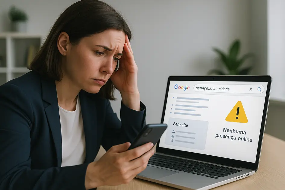 7 Sinais de Que Sua Empresa Precisa de um Site Profissional (Urgente!) - Renoma Digital Empresária preocupada analisando que sua empresa precisa de um site profissional