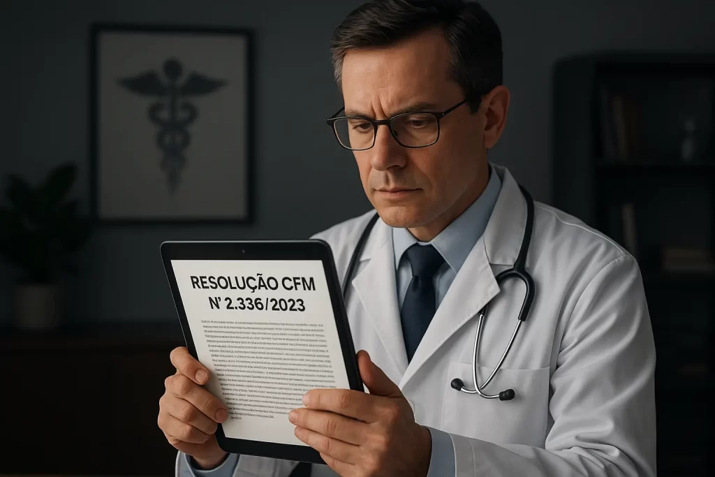 Site para Médicos: Como Criar uma Presença Online Ética e de Alto Impacto - Renoma Digital Ilustração realista de médico lendo a Resolução CFM nº 2.336/2023 no tablet, em ambiente moderno e sóbrio, simbolizando ética médica e conformidade legal para sites médicos.