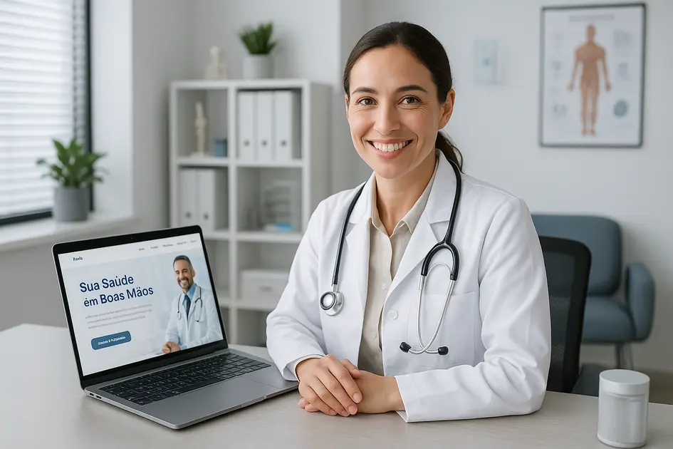 Site para Médicos: Como Criar uma Presença Online Ética e de Alto Impacto - Renoma Digital Médico mostrando site para médico responsivo no laptop em consultório moderno