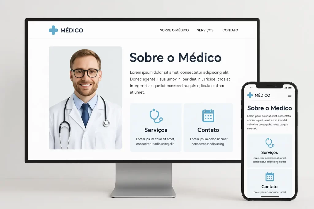 Site para Médicos: Como Criar uma Presença Online Ética e de Alto Impacto - Renoma Digital Imagem de computador e smartphone mostrando um site médico responsivo com design limpo, seções “Sobre o Médico”, “Serviços” e “Contato”, transmitindo profissionalismo e facilidade de navegação.
