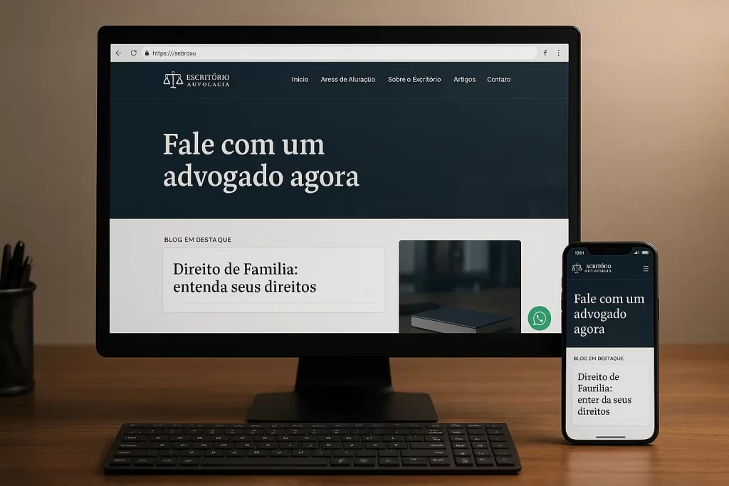 Site para advogados: por que ter um site profissional em 2025 - Renoma Digital Site jurídico moderno exibido em computador e smartphone com elementos essenciais como SEO e segurança