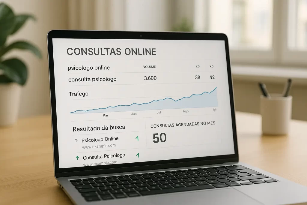 Psicólogo no Digital: Como Aumentar sua Visibilidade com um Site Profissional - Renoma Digital Gráfico de consultas online e métricas de SEO para psicólogo online, mostrando 50 consultas agendadas no mês, palavras-chave 'psicólogo online' e 'consulta psicólogo'