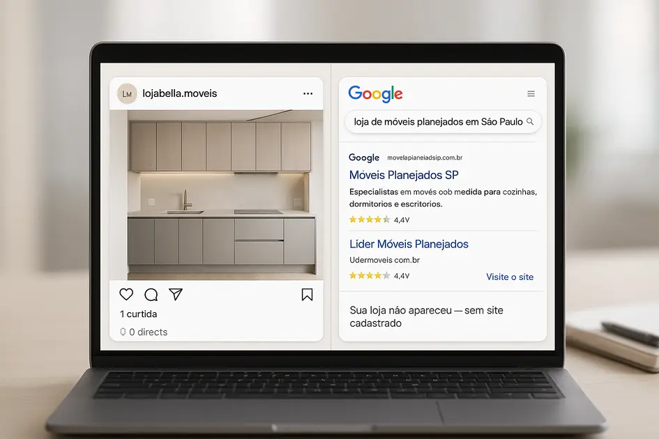 Precisa de um Site Para Converter? 5 Motivos Urgentes Que o Instagram Não Mostra - Renoma Digital loja de móveis planejados que precisa de um site para converter — comparação entre Instagram com baixo engajamento e concorrentes ranqueados no Google