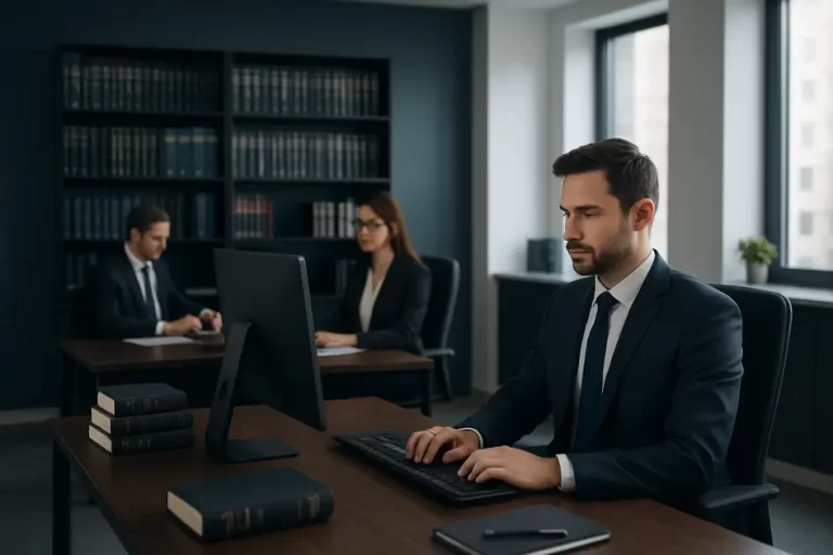 Escritório moderno de advocacia com advogados trabalhando, representando um site para advogados profissional e moderno em 2025.