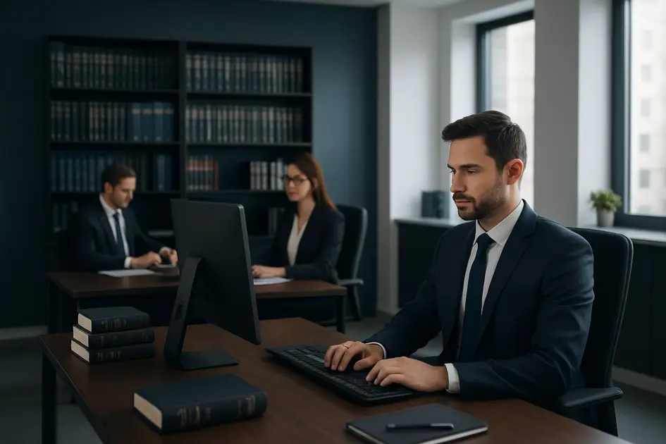 Site para advogados: por que ter um site profissional em 2025 - Renoma Digital Escritório moderno de advocacia com advogados trabalhando, representando um site para advogados profissional e moderno em 2025.