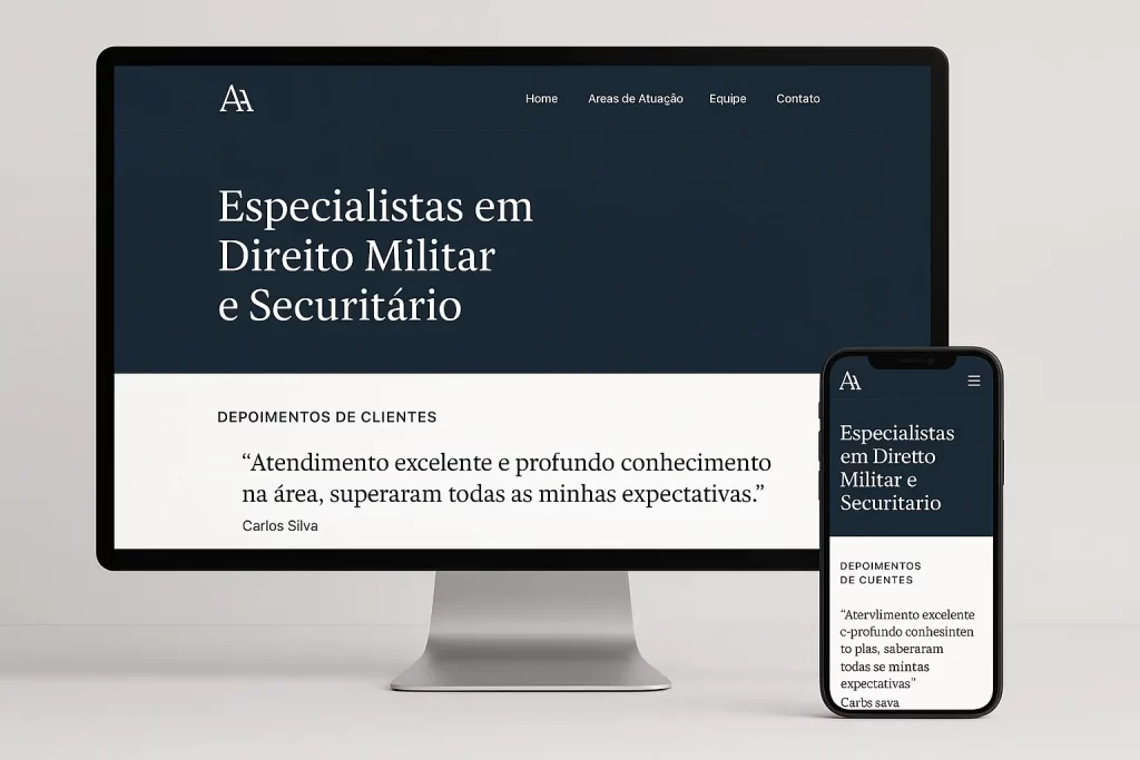 Site para advogados: por que ter um site profissional em 2025 - Renoma Digital Tela de site para advogados moderno exibida em computador e smartphone, com design limpo, depoimentos de clientes e conteúdo em português, transmitindo credibilidade e profissionalismo.