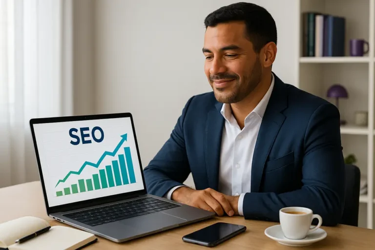 Empresário analisando resultados de marketing digital no notebook e aprendendo o que é SEO em 2025.