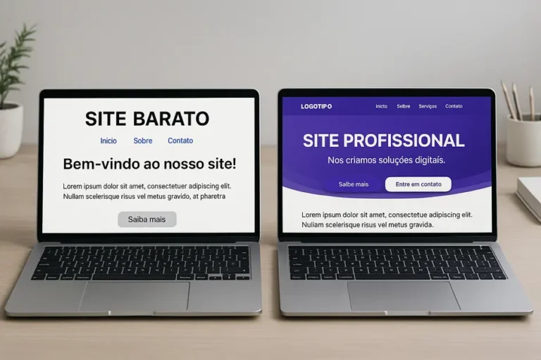 Mockup mostrando a diferença entre Site barato vs Site profissional, versão responsiva em WordPress com seções Início, Serviços, Sobre e Contato.