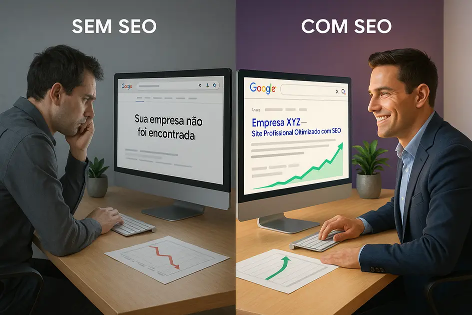 O que é SEO e por que sua empresa precisa dele em 2025 - Renoma Digital Comparativo mostrando empresa invisível no Google sem SEO e empresa no topo dos resultados com SEO em 2025.