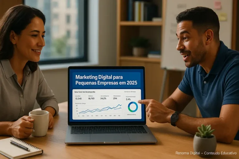 Dois empreendedores brasileiros analisando um painel de marketing digital em um notebook, com o título "Marketing Digital para Pequenas Empresas em 2025" visível na tela, em um escritório moderno e iluminado.