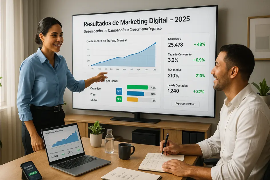 Marketing Digital para Pequenas Empresas: Guia Completo para Começar do Zero em 2025 - Renoma Digital Empresária e empresário analisando tela digital com gráficos e métricas de marketing digital, representando resultados e crescimento de pequenas empresas em 2025.