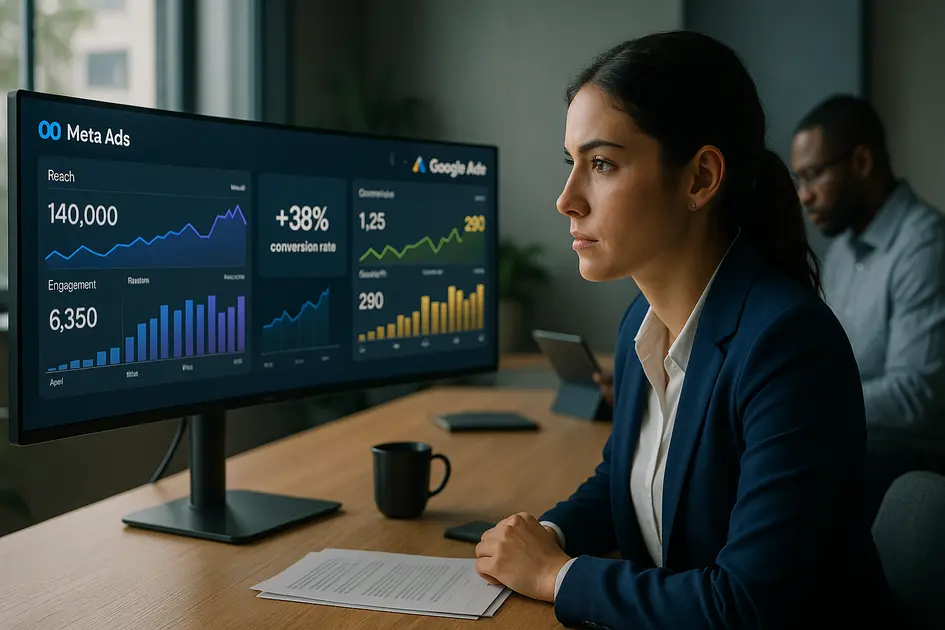 Meta Ads vs Google Ads: qual gera mais resultado para o seu negócio em 2025 - Renoma Digital Profissional de marketing digital analisando relatórios de Meta Ads e Google Ads em um escritório moderno, representando investimento estratégico em anúncios online e tráfego pago.
