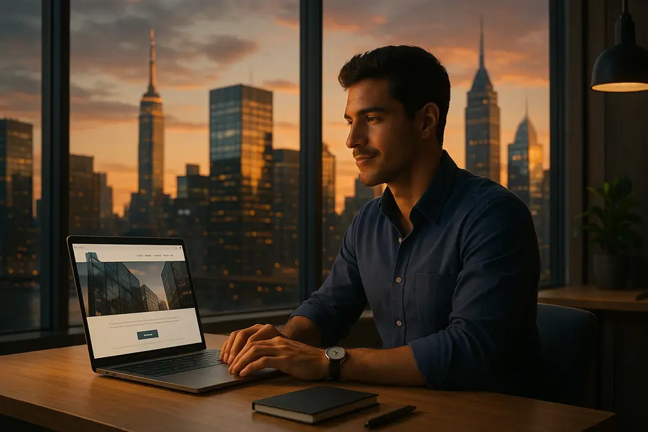 Como Criar um Site Profissional Morando no Exterior: Guia Completo para Brasileiros - Renoma Digital Site profissional no exterior sendo criado por um empreendedor brasileiro em um coworking moderno, representando sucesso digital global e presença online internacional.