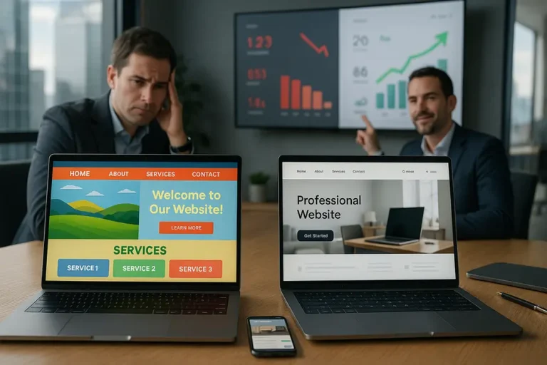 Comparativo realista entre site pronto ou site profissional, mostrando lado a lado dois notebooks com resultados diferentes em SEO, design e conversão.