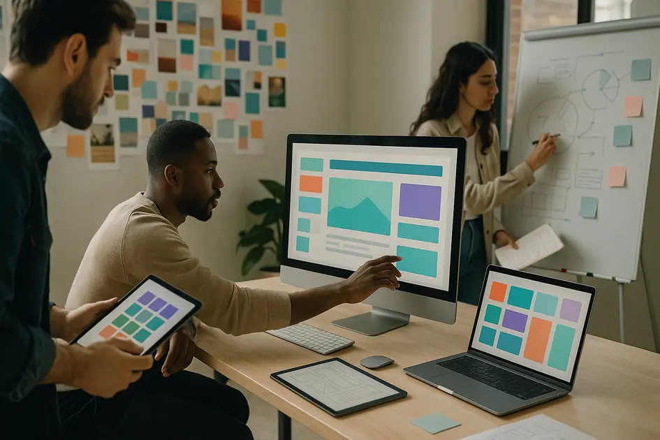 Rebranding Digital: Quando e Como Atualizar o Site da Sua Empresa - Renoma Digital Profissionais trabalhando em equipe em um estúdio criativo, ajustando layout e paleta de cores durante o processo de rebranding digital, sem texto visível